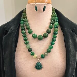 Green Jade Beaded Necklace with carved Buddha pendant and Earring Set